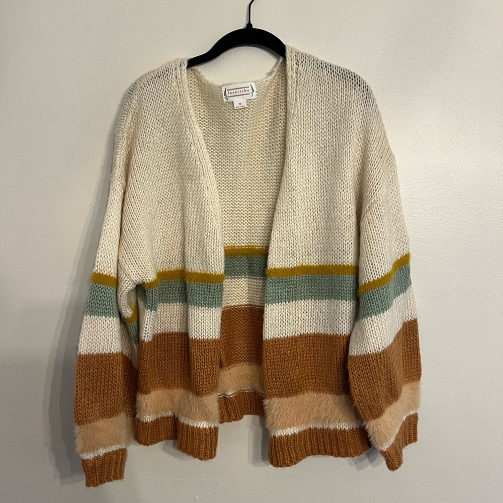 Cardigan sweater with fuzzy stripes